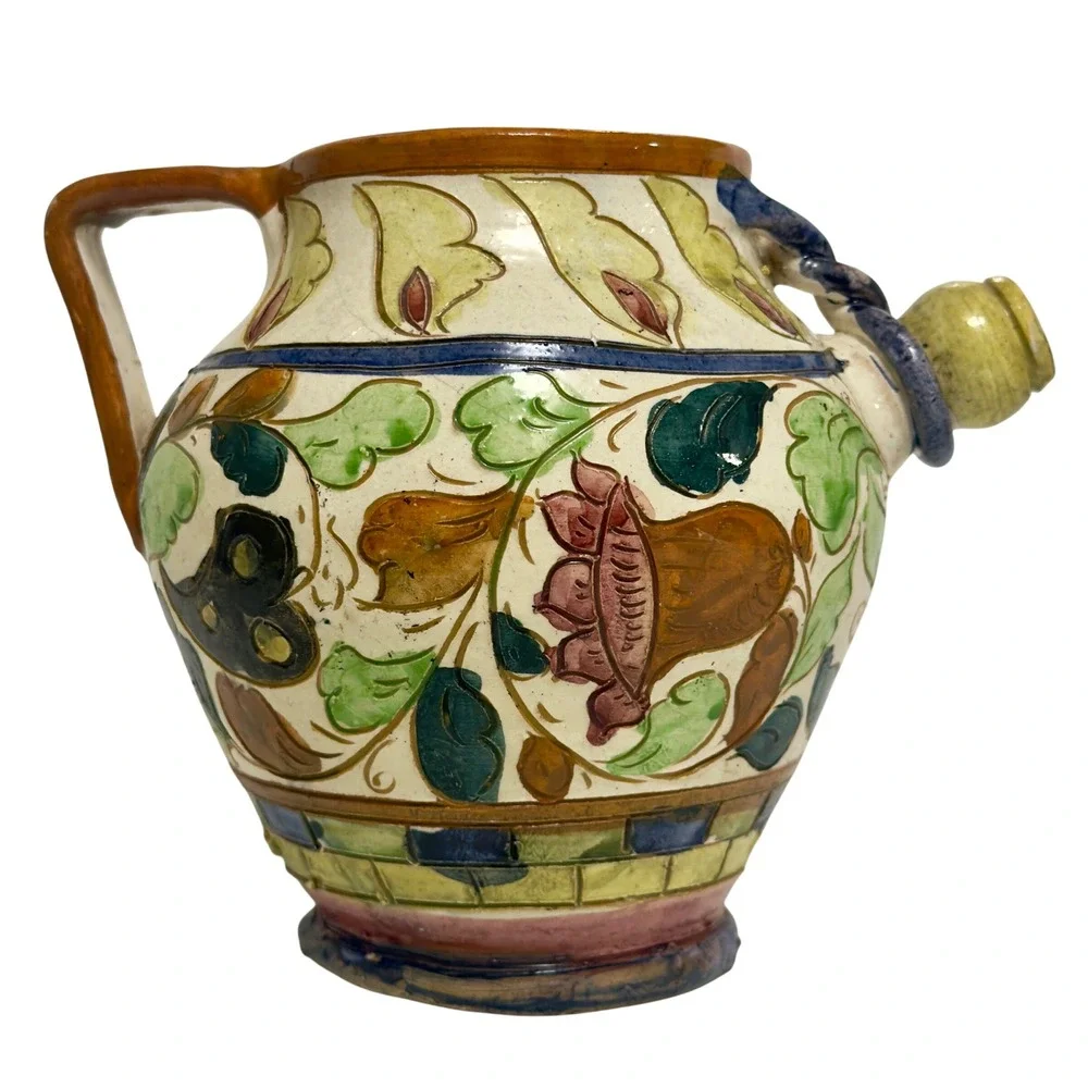 Vintage Italian Maiolica Pottery Ewer Pitcher Hand Painted Folk Art Vase Italy